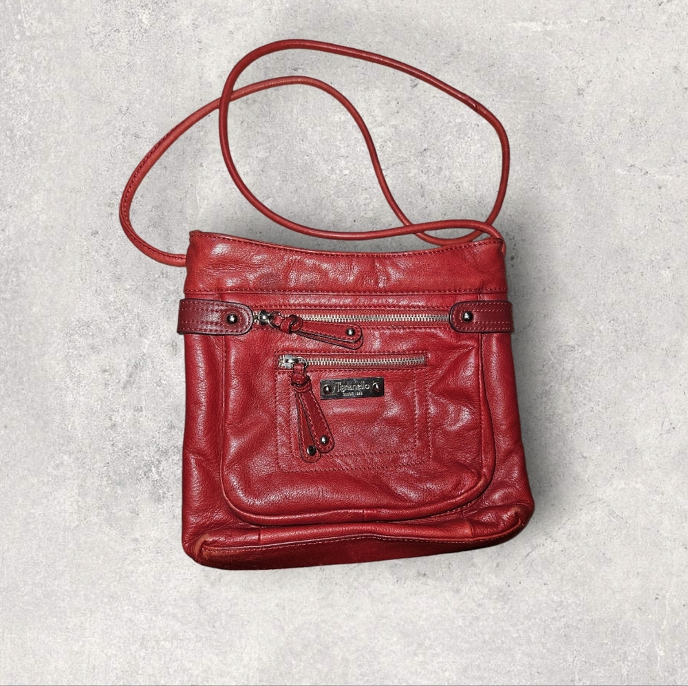 Tignanello Red Leather Purse Crossbody Bag Silvertone Zippers Classic Casual
